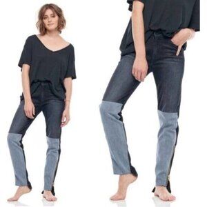 NWT Free People x Sandrine Rose Mixed Denim Patch Jeans 25 Dark Black Skinny Zip